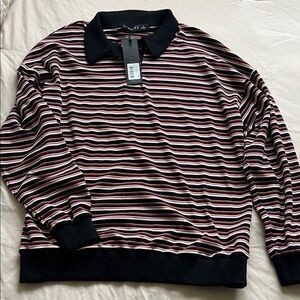 Lioness Black, White & Pink Striped Long Sleeve Polo Top